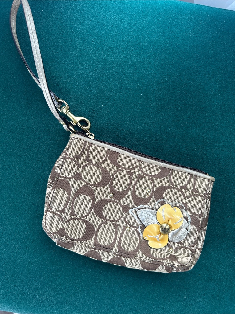 Coach Brown Signature Canvas Wristlet with Yellow Flower